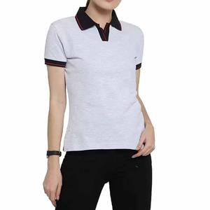 Polo pour femme gris clair uni à manches courtes, décontracté, 100% coton, tissu tricoté, longueur normale - Product Image 1