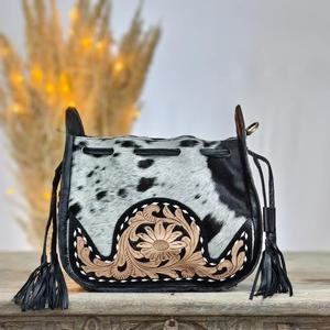 Bohemian Genuine Leather Waterproof Shoulder <b>Bag</b> with Cowhide Print Tassel Decoration <b>ZIP</b> Closure Rajasthan Style for Women - Product Image 2