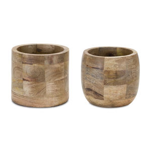 Ensemble de 2 jardinières rondes vintage en bois de manguier, pour intérieur et extérieur, pots décoratifs pour plantes, finition bois naturel, décoration maison et jardin - Product Image 1