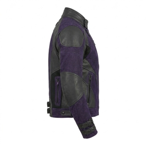 Blouson de moto en jean violet pour homme, style vintage avec empiècements en cuir, col montant, fermeture éclair asymétrique, veste de motard - Product Image 3