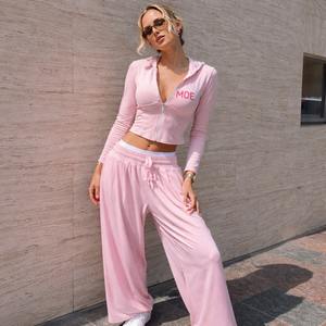 Conjunto Deportivo de Dos Piezas con Pedrería Rosa, Sudadera Corta Oversize y Pantalones Acampanados, Verano, Venta al Por Mayor, Proveedor Personalizado OEM - Product Image 1