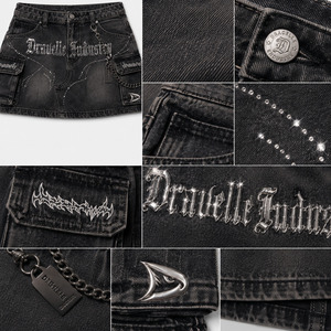 กระโปรงยีนส์ทรงคาร์โก้แบบ Stonewash สำหรับผู้หญิง, กระโปรงมินิสีดำเอวต่ำประดับโซ่และคริสตัลสไตล์โกธิคสตรีทแวร์ - Product Image 5