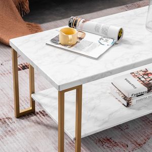 Table basse simple à double couche en tuyau de fer doré 106 x 50 x 48 cm rectangulaire avec plateau en PVC imitation marbre - Product Image 3