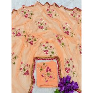 ผ้าส่าหรีแต่งขอบลูกไม้ชุดแฟนซีปักตามลำดับเสื้อสีพีช - Product Image 1