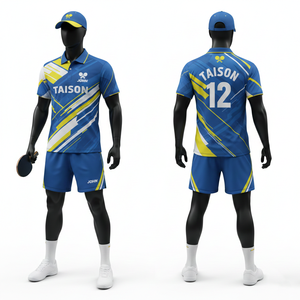 Uniforme de Tenis de Mesa para Hombre, 180 GSM, Poliéster y Elastano, Azul, Amarillo y Blanco, Panel Diagonal, Sublimación, Logotipo Personalizado - Product Image 1