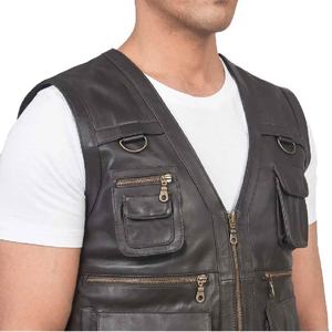Gilet en cuir noir classique vintage, vêtement de travail durable pour activités de plein air, mode et usage quotidien, technique de teinture unie 2026 - Product Image 4