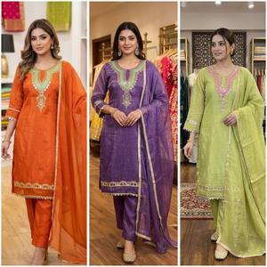 Salwar Kameez en soie orange pour femmes, col en V, broderie, manches courtes, longueur cheville, style ethnique pour tous les jours, style Inde Pakistan - Product Image 4