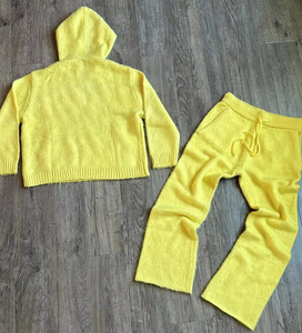 Ensemble de survêtement unisexe jaune en tricot, sweat à capuche et pantalon de survêtement, couleur unie, coupe ample décontractée, pour l'automne - Product Image 2