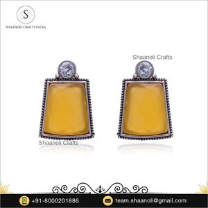 Indian Style Handmade Women's <b>Drop</b> Earrings Yellow Beautiful Design Silver Plated Oxidized Featuring Pearls Diamonds For Favors - Product Image 3