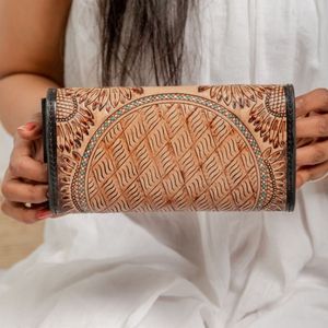 New Arrival Wholesale Purses Multi Card Slots Holder Long Style Genuine Leather Flower Hand Tooled Set Of 2 Pcs Women <b>Wallets</b> - Product Image 5