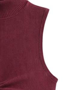 Top Corto Personalizado Color Vino Tinto, Cuello Alto Acanalado, Sin Mangas, con Cordón Ajustable, Fruncido en la Parte Delantera, Corte Ajustado, Informal para Mujer - Product Image 6