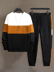 Men's Summer Casual Breathable Knitted Long Sleeve 2-Piece Tracksuit Set <b>Oversized</b> Solid Sweatshirt <b>Joggers</b> (100% Polyester) - Product Image 5