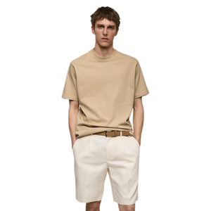 T-shirt à manches courtes col rond pour homme, couleur unie, jersey décontracté, coupe classique, 100% coton, beige - Product Image 1