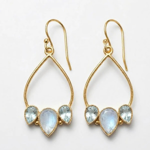 Gold Plated Brass Rainbow Moonstone and Blue Topaz <b>Earrings</b>, Daily wear casual <b>earrings</b> Wholesale Price - Product Image 1