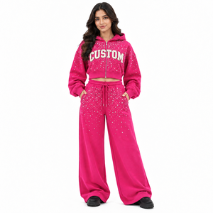 Stylish Hot Pink Rhinestone Tracksuit Crop Zip Hoodie Wide Leg Pants <b>Women</b> <b>Fleece</b> Sweatshirt Custom Heavyweight <b>Jogger</b> Suit OEM - Product Image 1