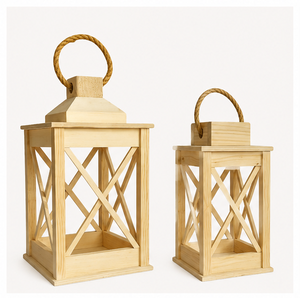 <b>Set</b> of 2 Rustic Farmhouse Wooden <b>Lanterns</b> with Natural Jute Rope Handle Vintage Decorative Candle Holders for Home Garden Use - Product Image 6