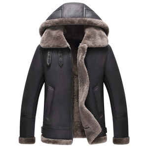 Blouson Bomber Homme en Cuir Véritable avec Capuche, Doublure en Fausse Fourrure, Fermeture Éclair, Vêtement d'Hiver Style Moto - Product Image 1