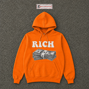 Sweat-shirt à capuche surdimensionné orange personnalisé avec imprimé graphique Rich Letter Money Stack, style streetwear pour hommes, vente en gros - Product Image 5