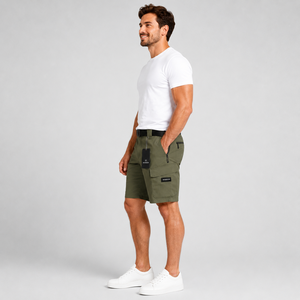 Short cargo uni olive pour homme Webson, taille mi-haute élastique, respirant, style décontracté urbain, 100 % coton - Product Image 3