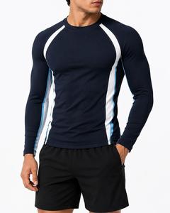 Camiseta de Manga Larga con Cuello Redondo para Hombre, Diseño de Bloques de Color Azul Marino y Blanco, Secado Rápido, Spandex Ecológico y Transpirable - Product Image 2