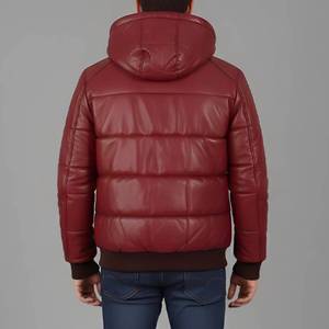 Cart Men's Maroon Hooded Puffer <b>Jacket</b> Leather <b>Zipper</b> Closure Outerwear - <b>Jacket</b> Maroon Leather - Product Image 4