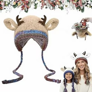 Cute <b>Reindeer</b> Antler Plush Hat Christmas Winter Earflap Hat with Long Braided Tassels Soft Animal Costume Headwear - Product Image 3