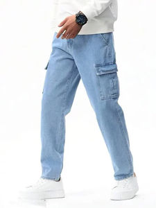 Jeans de mezclilla cargo para hombre, de cintura media, corte ajustado, con parches, lavado ácido, con bolsillos delanteros y traseros, estilo urbano para exteriores - Product Image 4