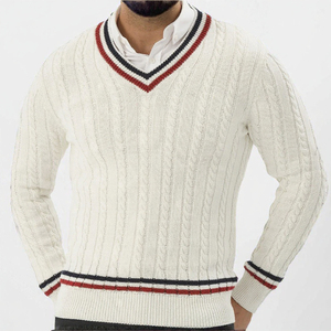 AL SWANS INTERNATIONAL Pull en maille blanc pour homme, col en V, bordure rouge marine, manches longues, anti-boulochage, style vintage, pour l'hiver - Product Image 5