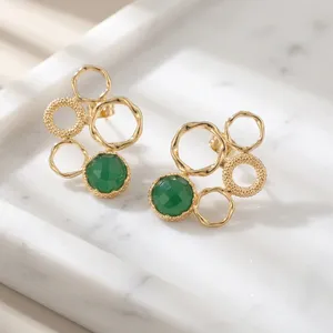 Pendientes de Ónix Verde Natural Redondo con Baño de Oro de 18K, Diseño Circular con Cuentas, Joyería de Moda Brillante al por Mayor - Product Image 5