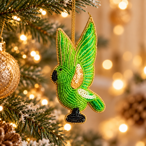 4. Zari Embroidery Green Parrot <b>Hanging</b> Decoration Handmade Beaded Bird Ornament for Christmas & Festive Decor - Product Image 2
