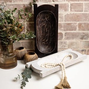 Hand Carved Wooden Dough Bowl with Wood Bead Garland Tassels Rustic Walnut European Trencher Bowl for Farmhouse Home <b>Decor</b> - Product Image 3