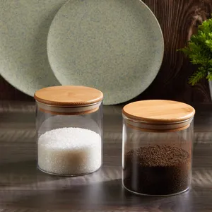 Pot de conservation en verre borosilicate transparent de 500 ml avec couvercle en bambou naturel, vente en gros, conteneur hermétique pour garde-manger et cuisine - Product Image 2
