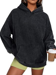 Sweat-shirt à capuche noir surdimensionné à manches longues, couleur unie, en coton French Terry, avec poche, unisexe, pour l'automne - Product Image 4