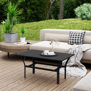 Tavolino da Caffè Rettangolare in Metallo Nero per Esterni con Piano a Doghe, Resistente alle Intemperie, per Giardino - Product Image 2