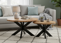 Ensemble de tables basses modernes en fer/bois, rondes, lot de 2, avec pieds pliants, meubles de salon, collection à prix de gros