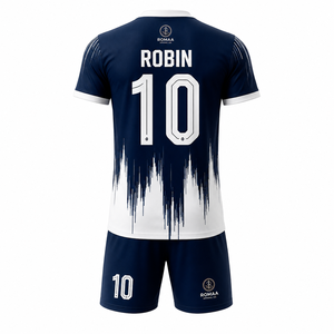 Ensemble Maillot et Short de Football Personnalisé Bleu Marine, Blanc et Or, Col en V, Uniforme d'Équipe de Football Sublimé, OEM, Anti-Transpiration, Extensible dans les Quatre Sens - Product Image 1