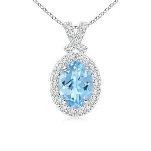 Pendentif en or 14 carats 3,35 g avec aquamarine naturelle ovale 6*4 mm, design nœud papillon, halo de diamants, bijoux fins classiques, cadeau d'anniversaire, OEM - Product Image 1