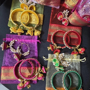 Silk Thread <b>Bangle</b> Sets with Jhumka Latkan Charms Traditional Ethnic Pearl Studded Kada <b>Bangles</b> for Women and Girls - Product Image 1