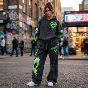 Ensemble survêtement pour femme avec sweat-shirt à capuche noir imprimé graffiti cœur et pantalon large vert fluo, tenue streetwear deux pièces - Product Image 4