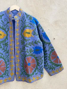 <b>Women</b> Uzbek Suzani Style Cotton <b>Jacket</b> Blue Floral Embroidery Traditional Stand Collar Bohemian Outerwear - Product Image 3