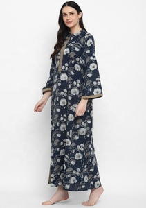 Soldes d'été Navy Cotton Lounge Wear Dress Hand Block Printed Beige Floral Long Sleeves Floor-Length Natural Waistline Front Zip - Product Image 3