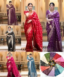 Sari de seda morado con trabajo de zari dorado, traje tradicional indio para bodas, estilo Banarasi, sari largo hasta el suelo para mujer - Product Image 2