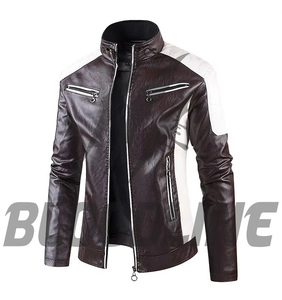 Men's Black White PU Leather Moto Biker <b>Jacket</b> <b>Slim</b> <b>Fit</b> Stand Collar Zipper Closure Autumn Wear - Product Image 4