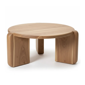 Contemporary Solid Suar <b>Wood</b> <b>Round</b> <b>Coffee</b> <b>Table</b> Natural Grain Japandi Style Smooth Rounded Design Chunky Thick Legs - Product Image 3
