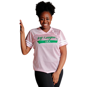 Camiseta Deportiva de Mujer AKA Pink Replica, Estilo Jersey de Fútbol, Cuello en V, Manga a Rayas, Color Rosa y Verde - Product Image 1