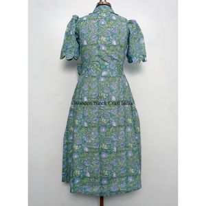 Robe midi pour femme en coton indien imprimé à la main, col en V, manches courtes, silhouette droite, idéale pour les fêtes, les vacances d'été à la plage - Product Image 6