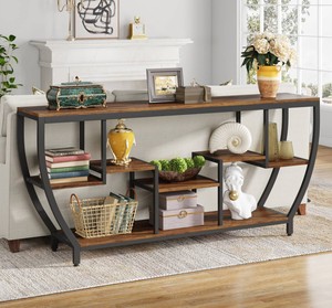 Mesa Consola Moderna de Madera con Estructura Metálica y Estantes de Almacenamiento, Diseño Industrial, Mueble para Sala de Estar, Decoración para Entrada - Product Image 2