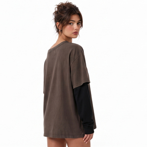 T-shirt femme à épaules dénudées double couche, brodé, manches longues, 100% coton, 2 en 1 - Product Image 4