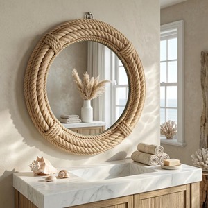 Miroir mural en rotin, cadre naturel simple, parfait pour la décoration de bureau ou de studio, pour une ambiance minimaliste et calme, provenant d'Inde. - Product Image 1