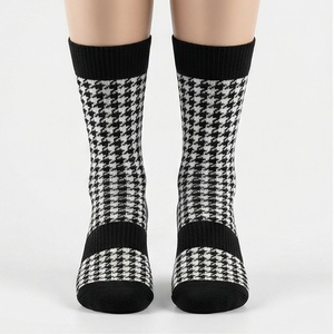 <b>Crew</b> <b>Socks</b> Houndstooth Pattern Black White Knitted Breathable Daily Casual Wear Adult Regular Style - Product Image 1